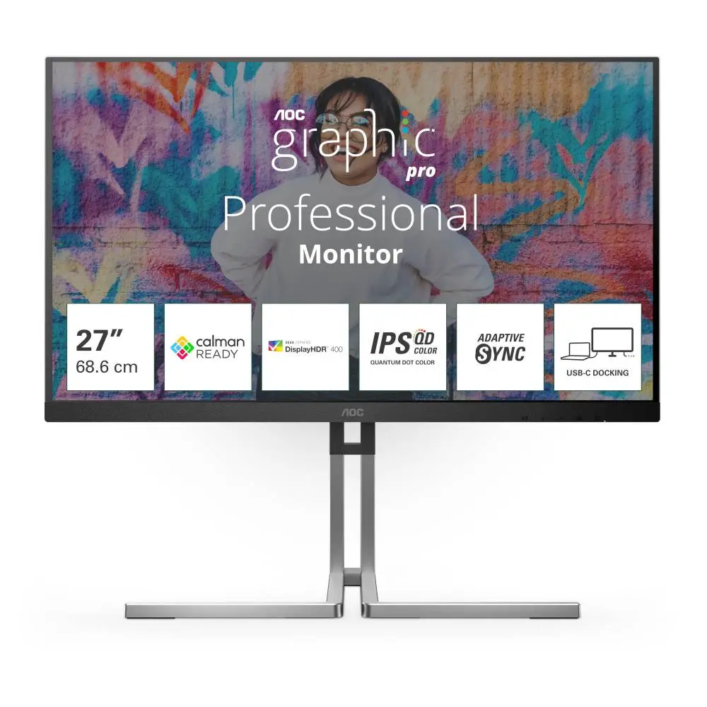 Monitor AOC Q27U3CV, 27", IPS, QHD 2560x1440, 75Hz, 4ms, HDR400, Adaptive Sync, Flicker Free, KVM, USB Type-C