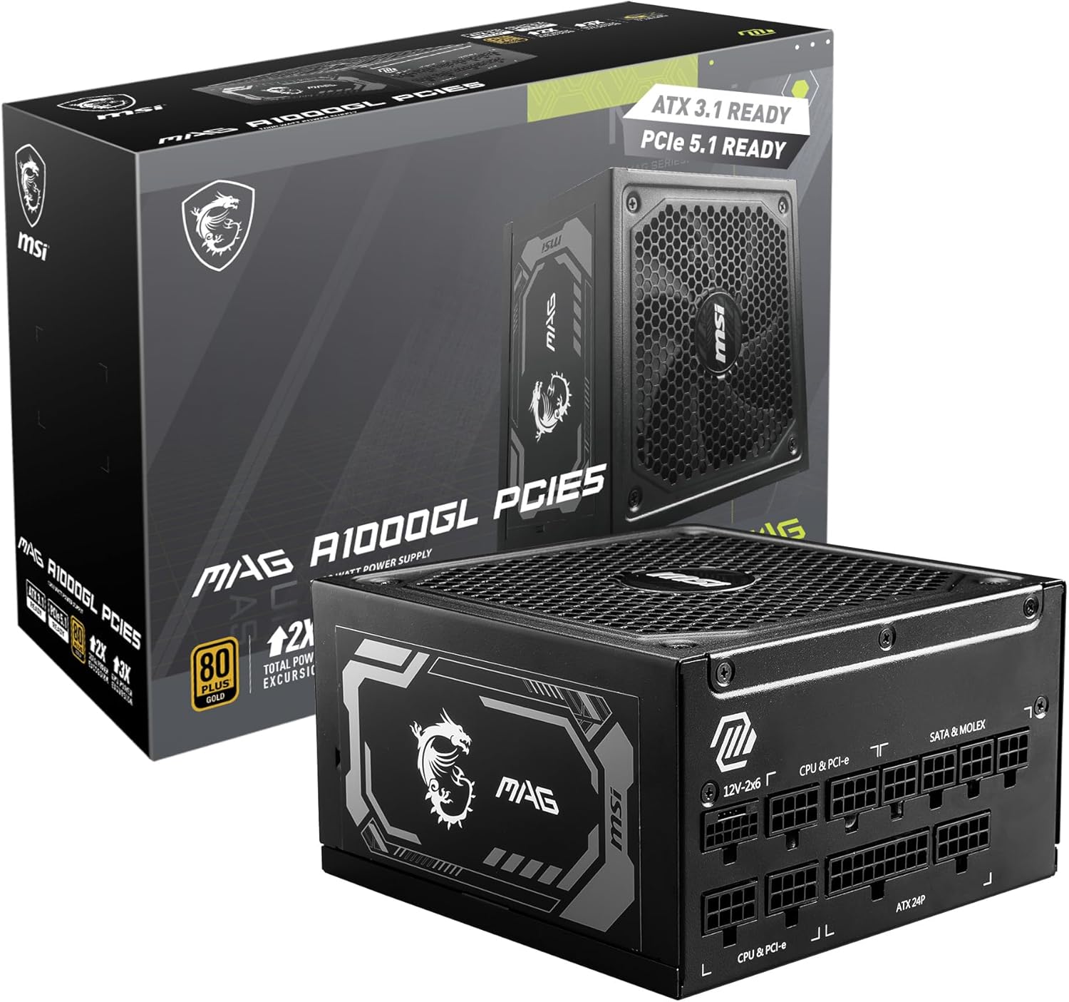 Alimentation MSI MAG A1000GL PCIE5 1000W 80 Plus Gold ATX 3.1, PCIe 5.1 PSU