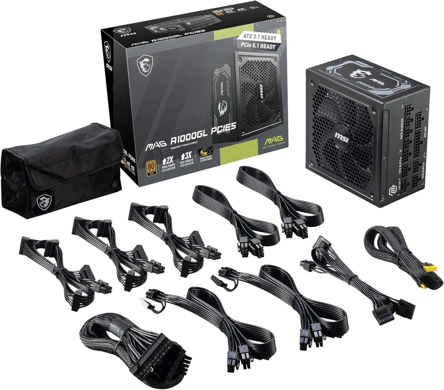 Alimentation MSI MAG A1000GL PCIE5 1000W 80 Plus Gold ATX 3.1, PCIe 5.1 PSU