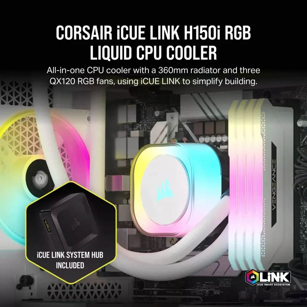 Водно охлаждане за процесор Corsair iCUE LINK H150i RGB AIO Liquid CPU Cooler White - CW-9061006-WW