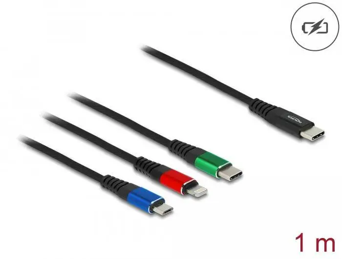 Кабел за зареждане Delock 3 в 1, USB-C - Lightning / Micro USB / USB Type-C, 1m