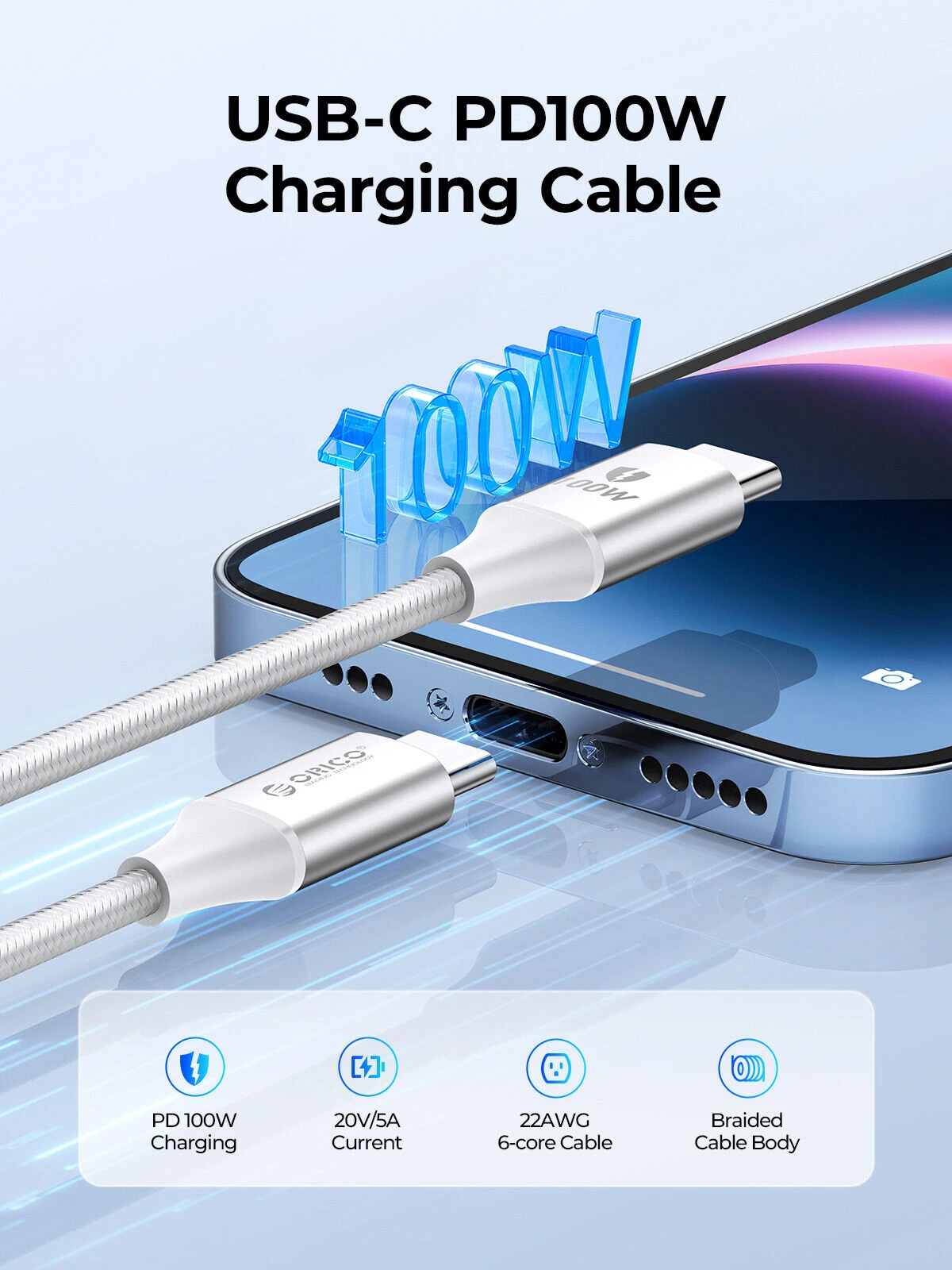 Orico кабел Cable USB C-to-C PD 100W Charging 1.0m White - CDX-100CC-WH