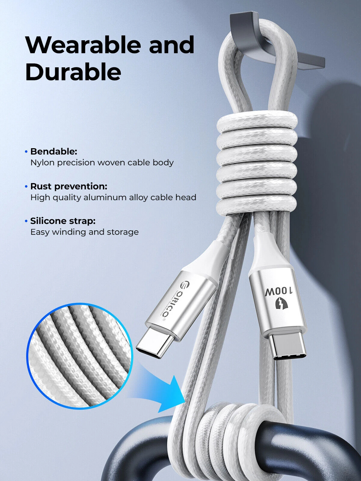 Orico кабел Cable USB C-to-C PD 100W Charging 1.0m White - CDX-100CC-WH
