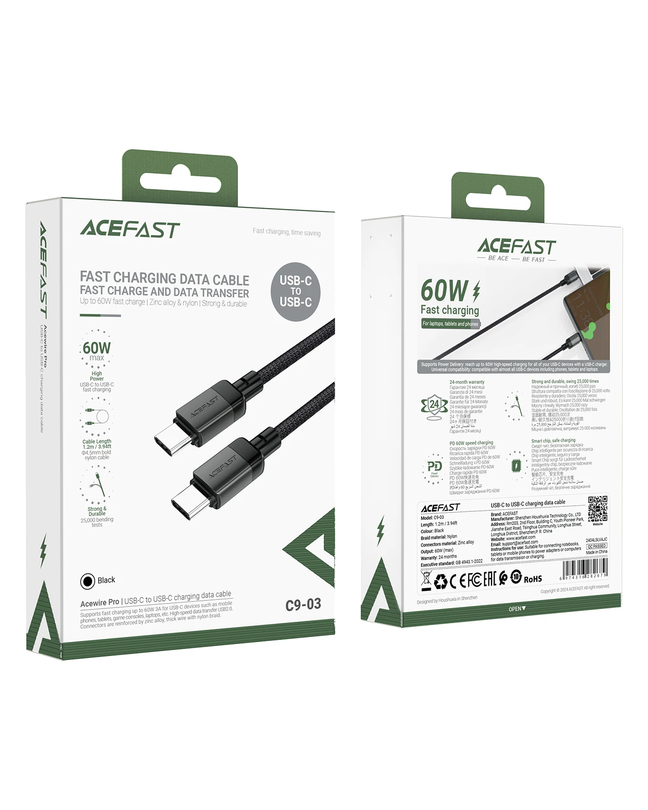 Acefast Кабел USB-C to USB-C Cable 60W Nylon Braided 1.20m  - C9-03 - Black
