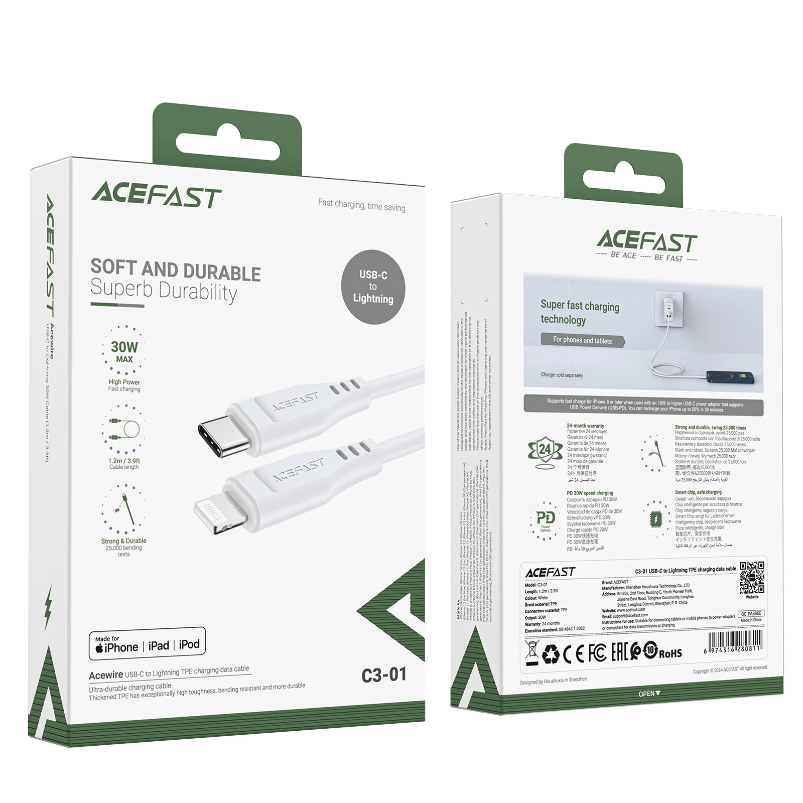 Acefast Кабел USB-C to Lightning Cable 30W 1.20m MFI Certified TPE - C3-01 - White