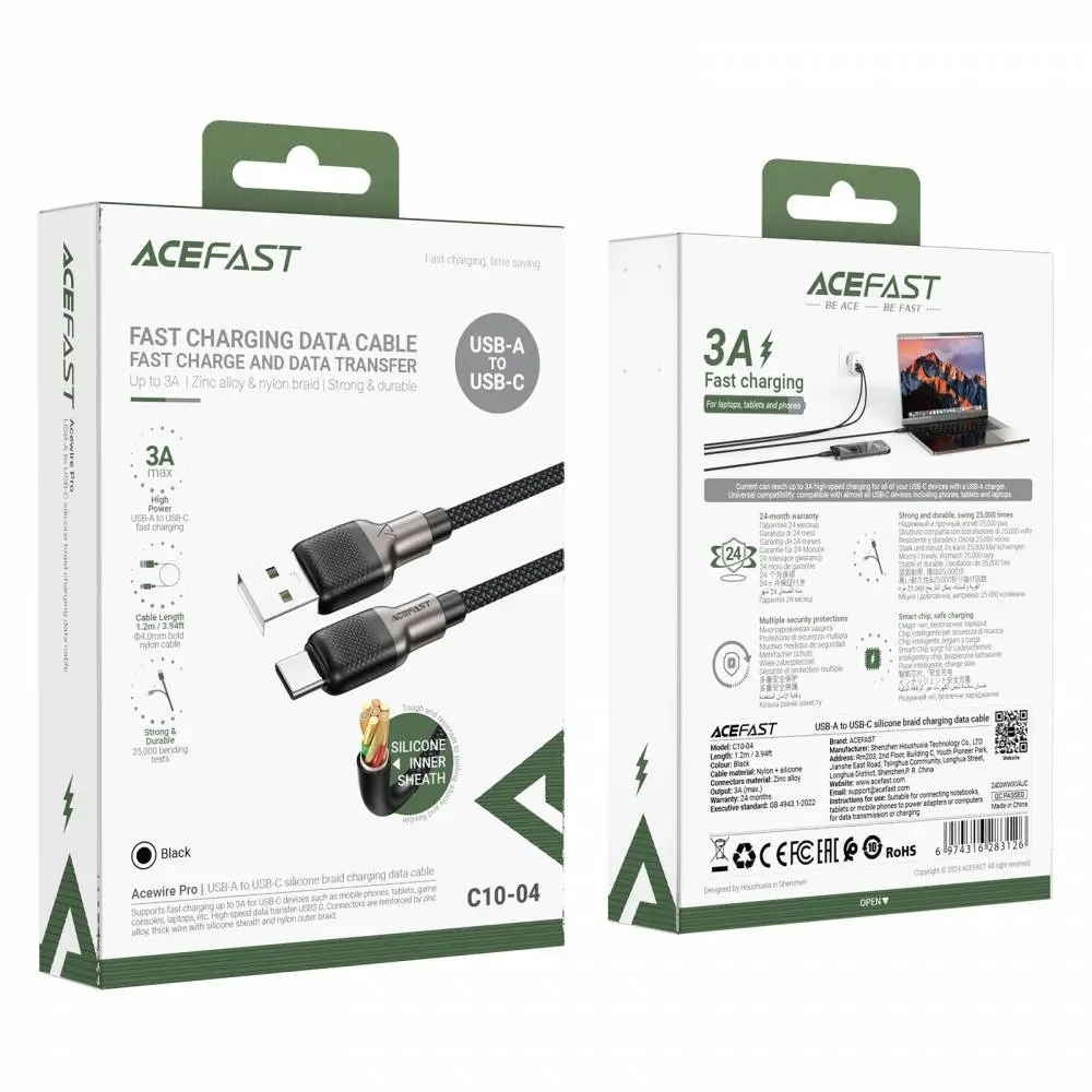 Acefast Кабел USB-A to USB-C Cable 3A 1.2m - C10-04 - Black