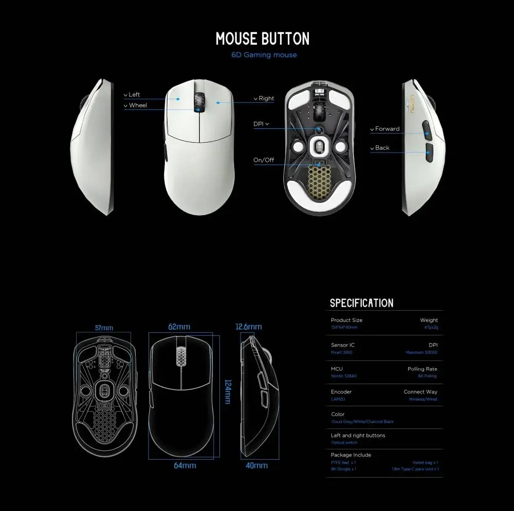 Геймърска мишка Lamzu MAYA X 8K - Wireless Gaming Mouse - Purple Shadow