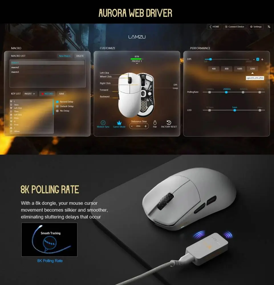 Геймърска мишка Lamzu MAYA X 8K - Wireless Gaming Mouse - Purple Shadow