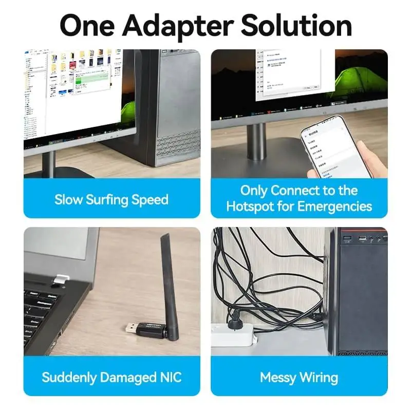Безжичен адаптер Vention WiFi USB adapter Dual Band, 650Mbps, Black - KDTB0