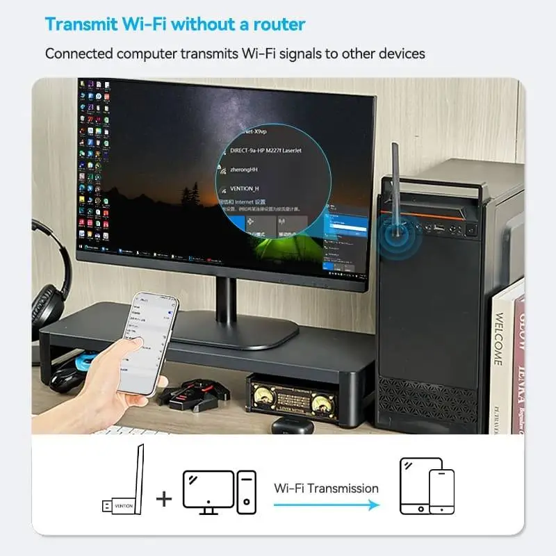 Безжичен адаптер Vention WiFi USB adapter Dual Band, 650Mbps, Black - KDTB0