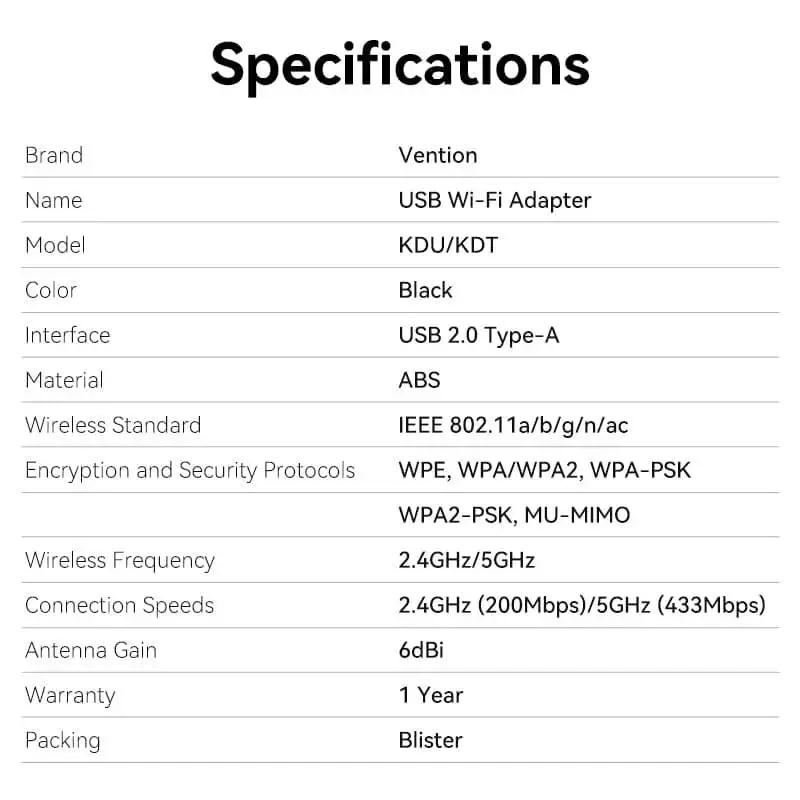 Безжичен адаптер Vention WiFi USB adapter Dual Band, 650Mbps, Black - KDTB0