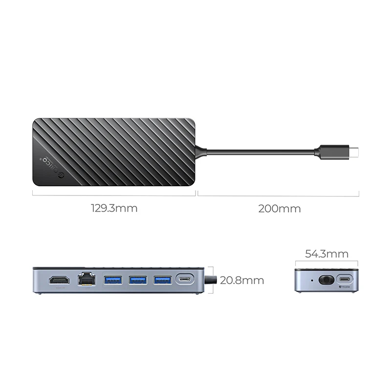 Orico докинг станция Portable Docking station M.2 SATA/NVMe - HDMI, USB3.2-A x 1, USB-C (10Gbps) x 1,USB-C (PD100W), USB2.0-A x 2, LAN - OM28PR-G2-BK