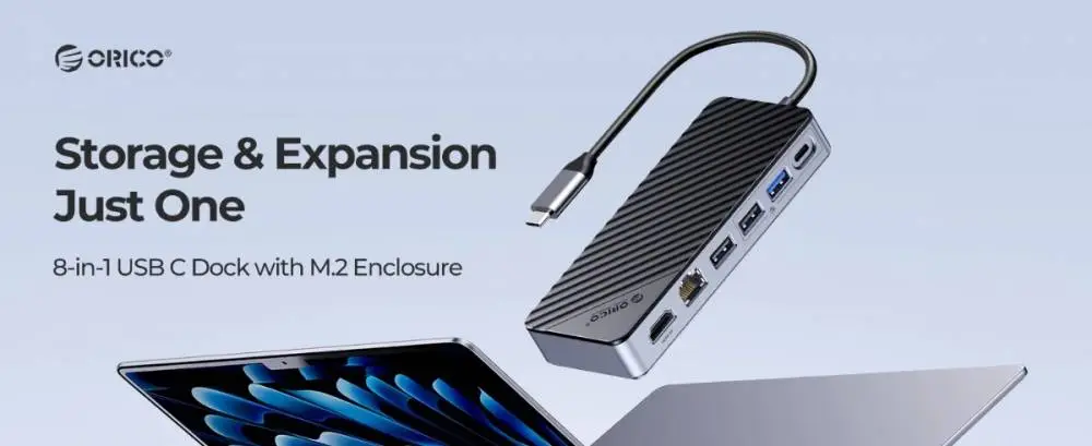Orico докинг станция Portable Docking station M.2 SATA/NVMe - HDMI, USB3.2-A x 1, USB-C (10Gbps) x 1,USB-C (PD100W), USB2.0-A x 2, LAN - OM28PR-G2-BK