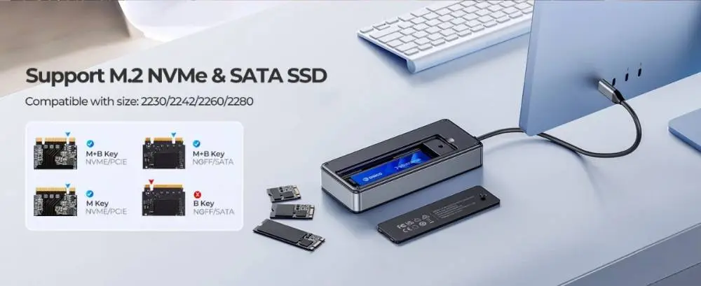 Orico докинг станция Portable Docking station M.2 SATA/NVMe - HDMI, USB3.2-A x 1, USB-C (10Gbps) x 1,USB-C (PD100W), USB2.0-A x 2, LAN - OM28PR-G2-BK