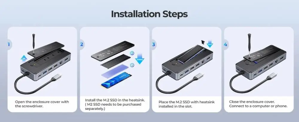 Orico докинг станция Portable Docking station M.2 SATA/NVMe - HDMI, USB3.2-A x 1, USB-C (10Gbps) x 1,USB-C (PD100W), USB2.0-A x 2, LAN - OM28PR-G2-BK