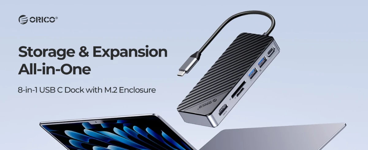 Orico докинг станция Portable Docking station M.2 SATA/NVMe - HDMI, USB3.2-A x 2, USB-C (10Gbps) x 1,USB-C (PD100W), SD/TF - OM28P-G2-BK