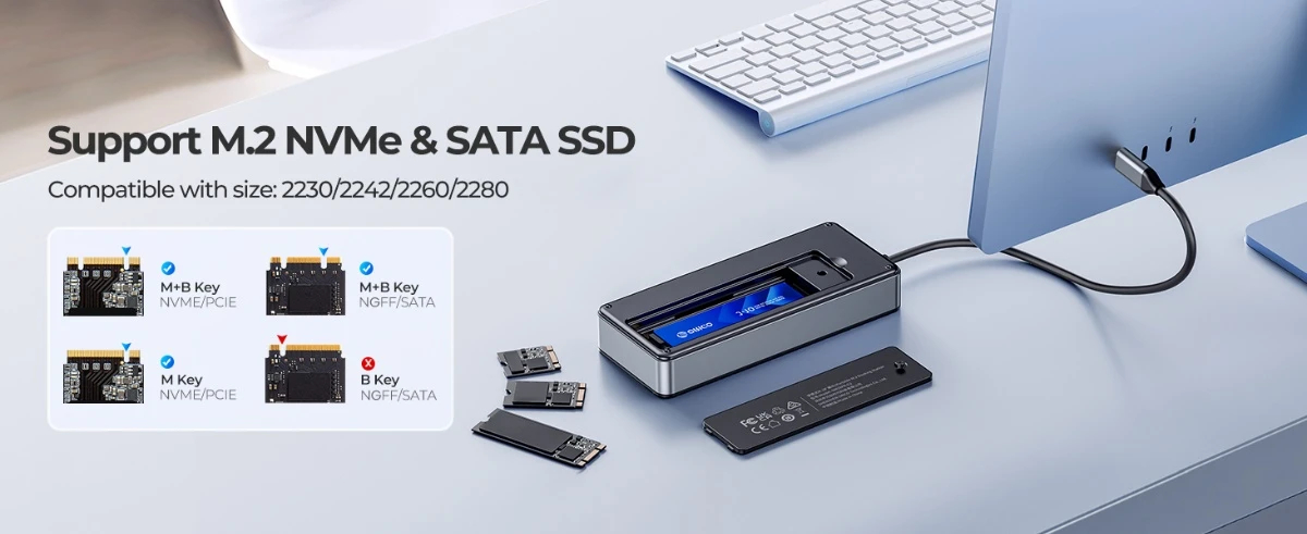 Orico докинг станция Portable Docking station M.2 SATA/NVMe - HDMI, USB3.2-A x 2, USB-C (10Gbps) x 1,USB-C (PD100W), SD/TF - OM28P-G2-BK