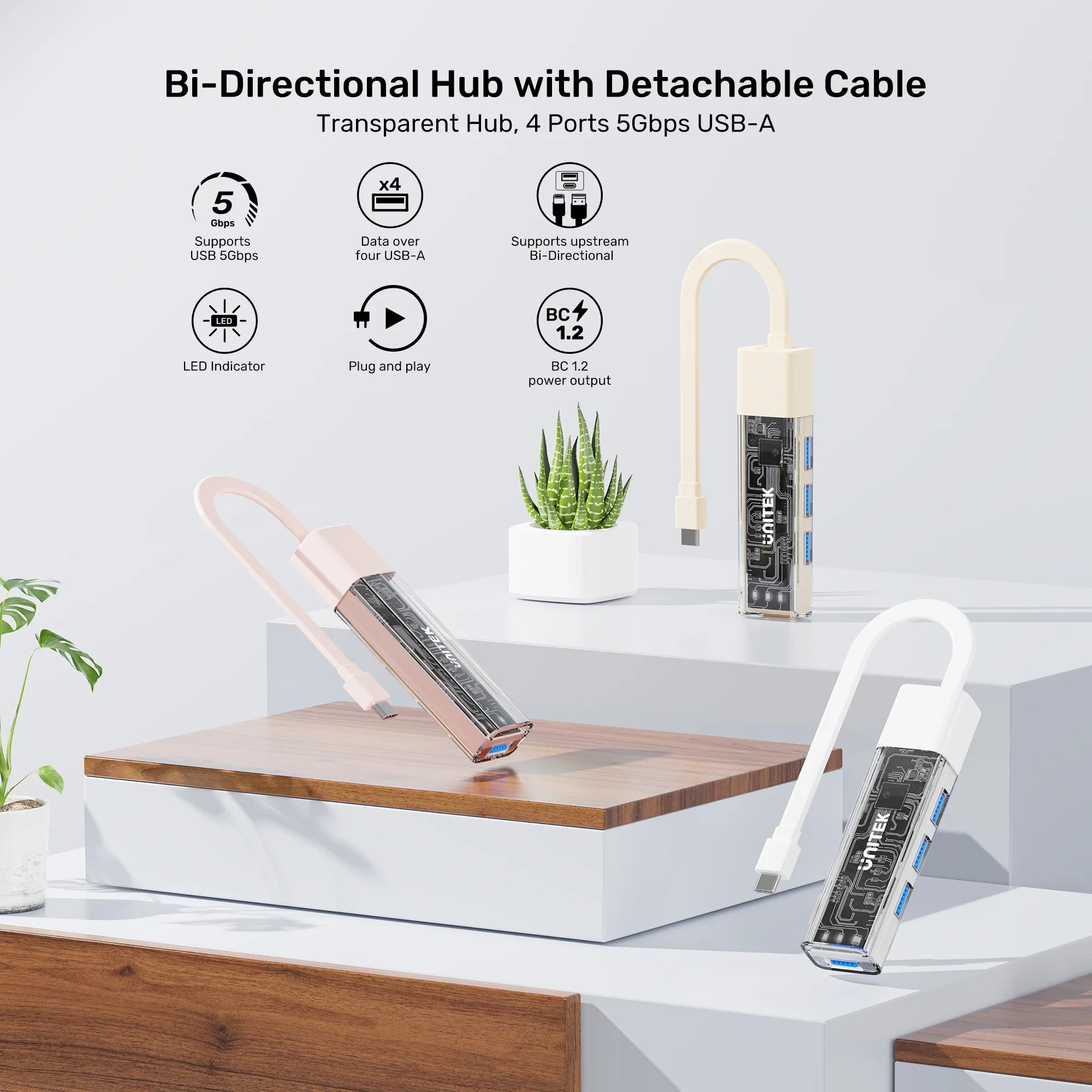 Unitek хъб USB-C/USB-A 3.0 HUB 4 port, Bi-Directional, Detachable Cable, White - H1319AWH01