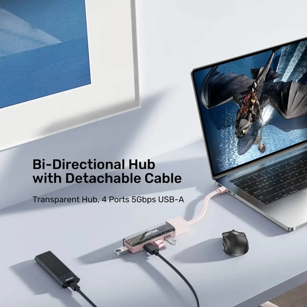 Unitek хъб USB-C/USB-A 3.0 HUB 4 port, Bi-Directional, Detachable Cable, White - H1319AWH01