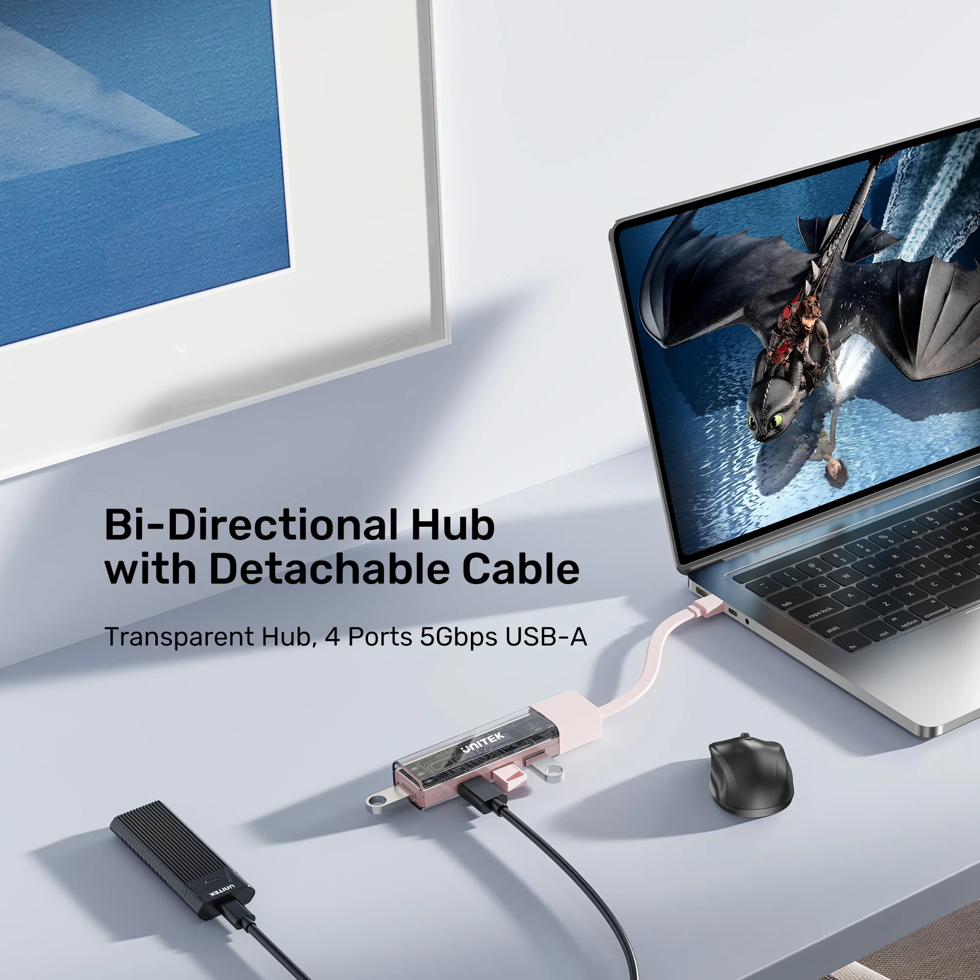 Unitek хъб USB-C/USB-A 3.0 HUB 4 port, Bi-Directional, Detachable Cable, White - H1319AWH01