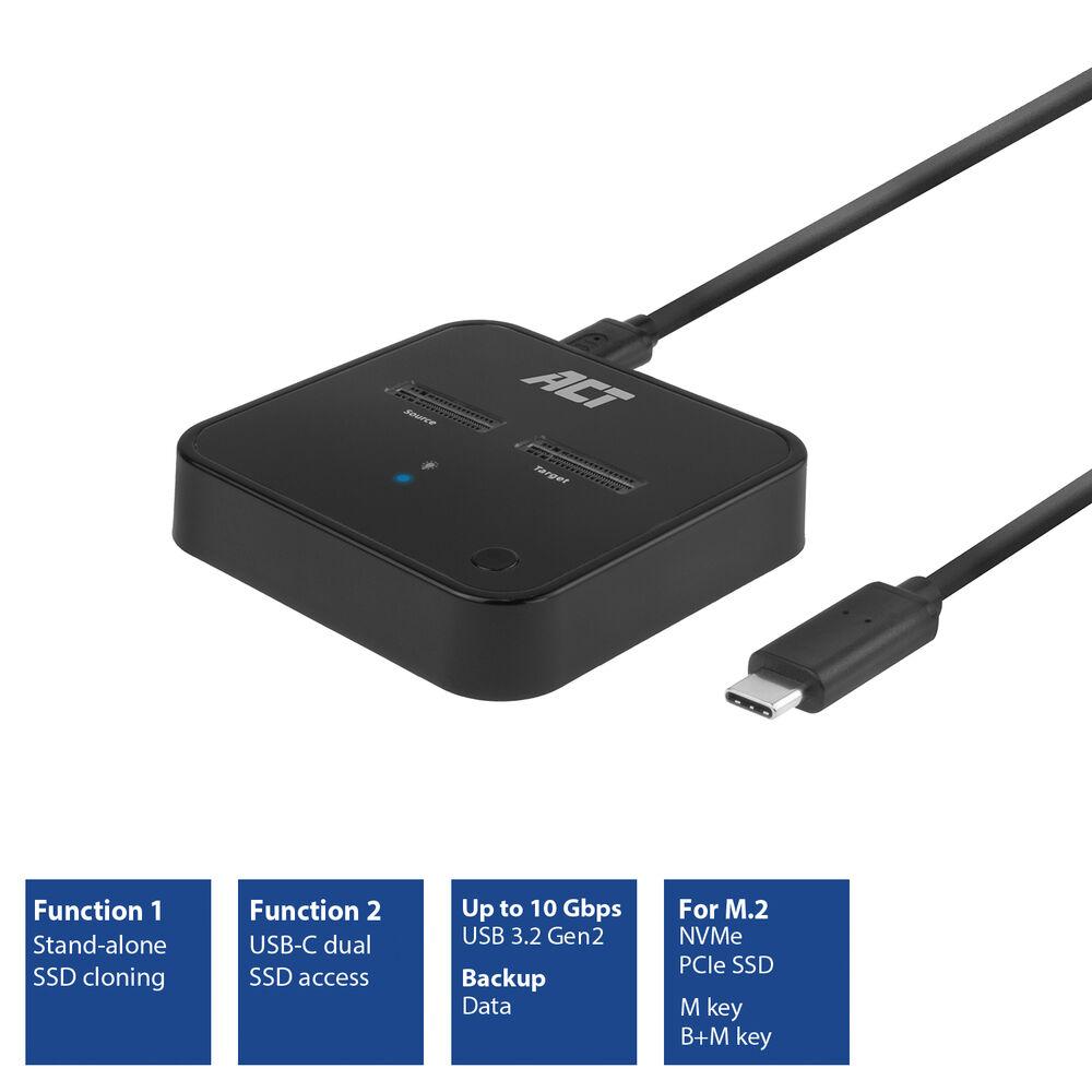 Station d'accueil SSD double, ACT M.2 NVMe/PCIe pour clonage, USB-C 3.2 Gen2