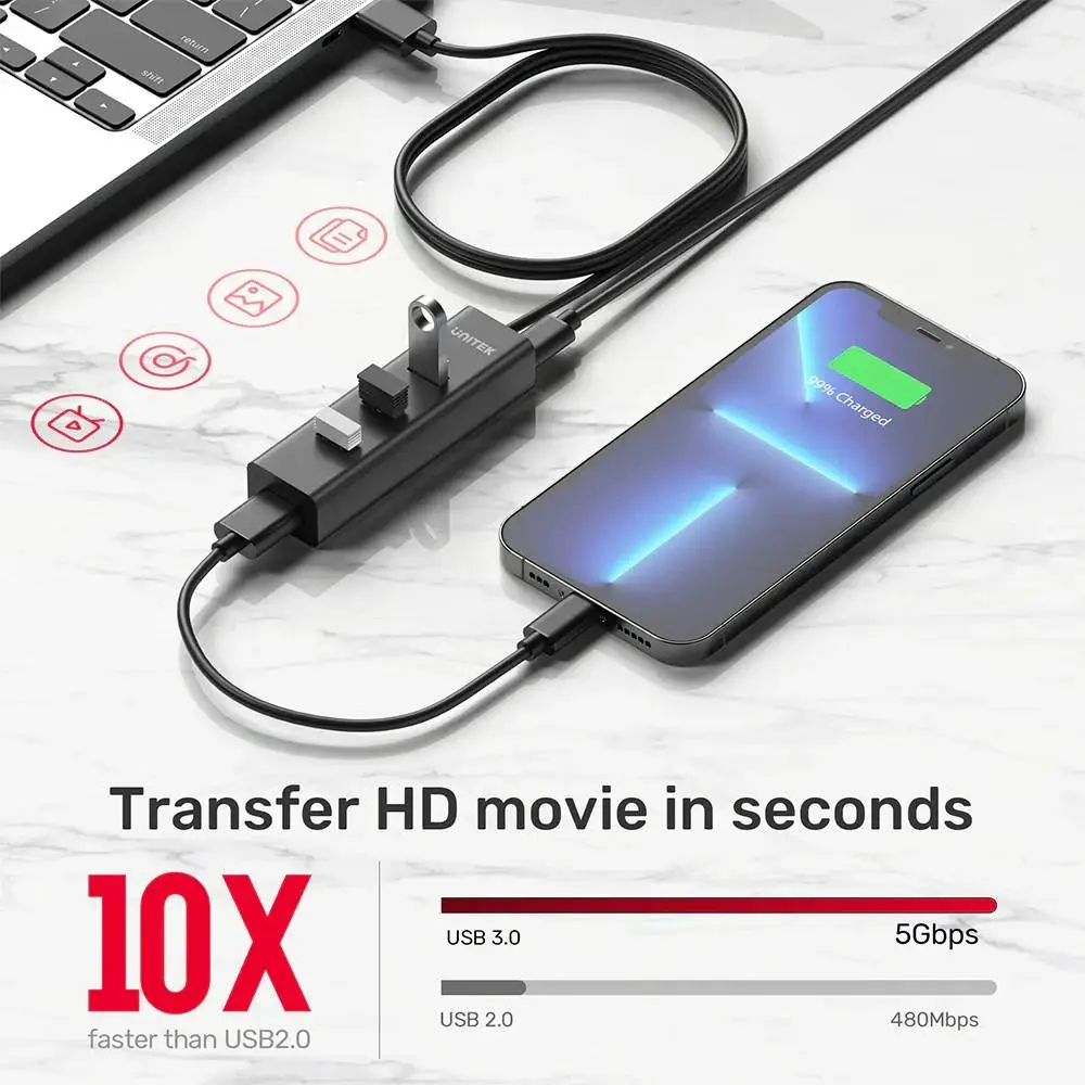 Unitek хъб USB3.0 HUB 4 port, 1.2m cable, aux USB-C power input - Y-3089V01