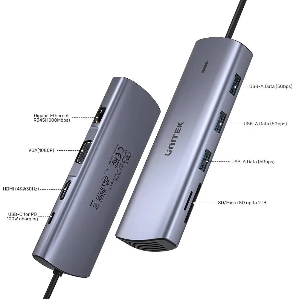 Unitek докинг станция Type-C Docking Station PD3.0 100W - HDMI, USB-C x 1, USB3.0 x 3, LAN, SD, VGA - D1113A