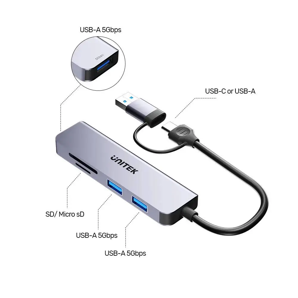 Unitek хъб HUB USB-C/USB-A 3 port uHUB P5+ - USB3.0 x 3, Card reader, Aluminium - H1320AGY01