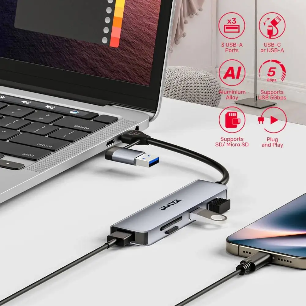 Unitek hub HUB USB-C/USB-A 3 port uHUB P5+ - USB3.0 x 3, Card reader, Aluminium - H1320AGY01