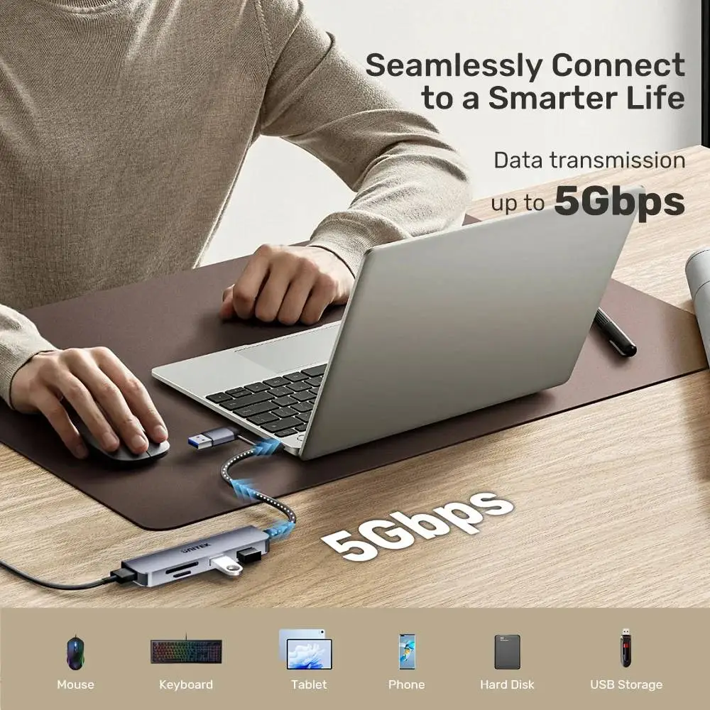 Unitek хъб HUB USB-C/USB-A 3 port uHUB P5+ - USB3.0 x 3, Card reader, Aluminium - H1320AGY01