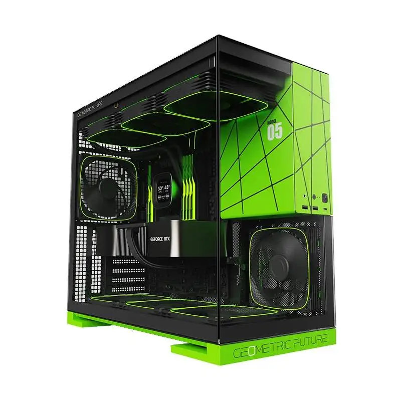 Кутия Geometric Future Model 5 Black/Green, NVIDIA style limited edition Case EATX, 5 x 140 mm aRGB fans included