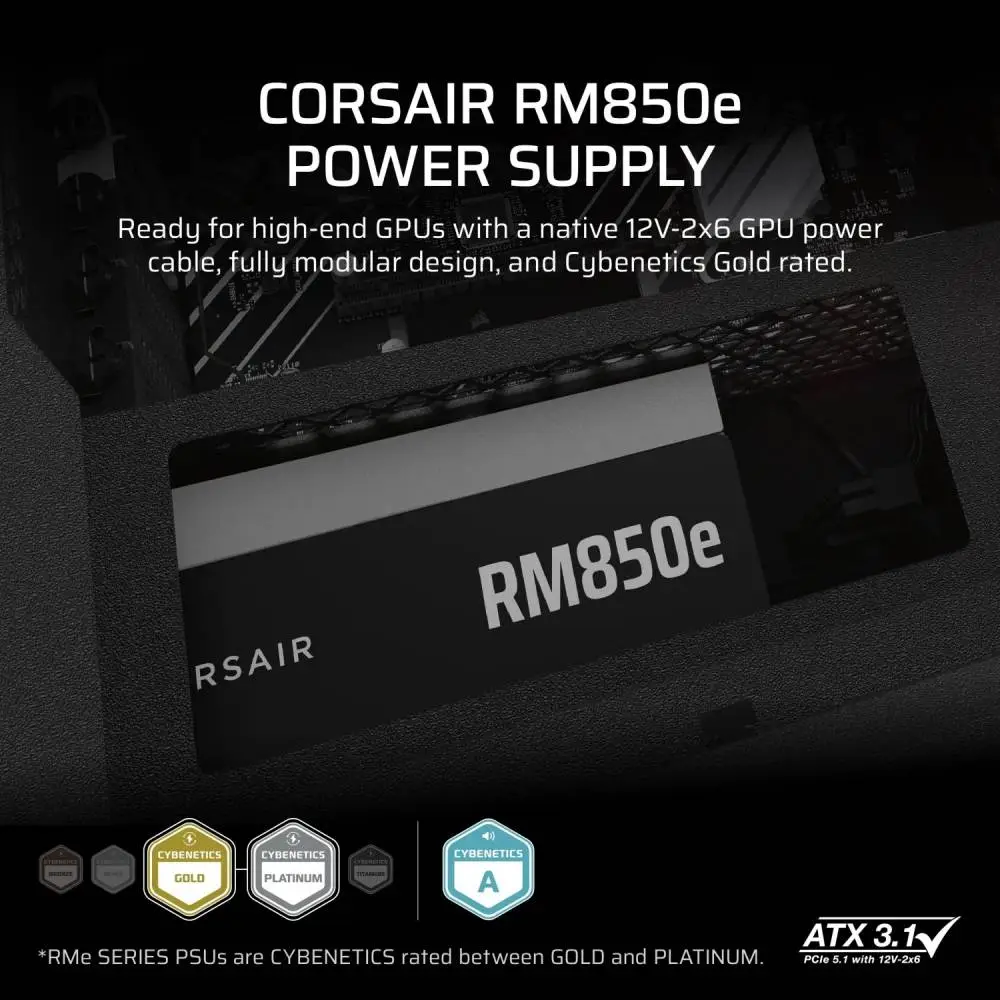 Захранване Corsair RMe RM850e 2025 850W 80 Plus Gold ATX 3.1 PCIe 5.1 Fully Modular PSU - CP-9020296-EU