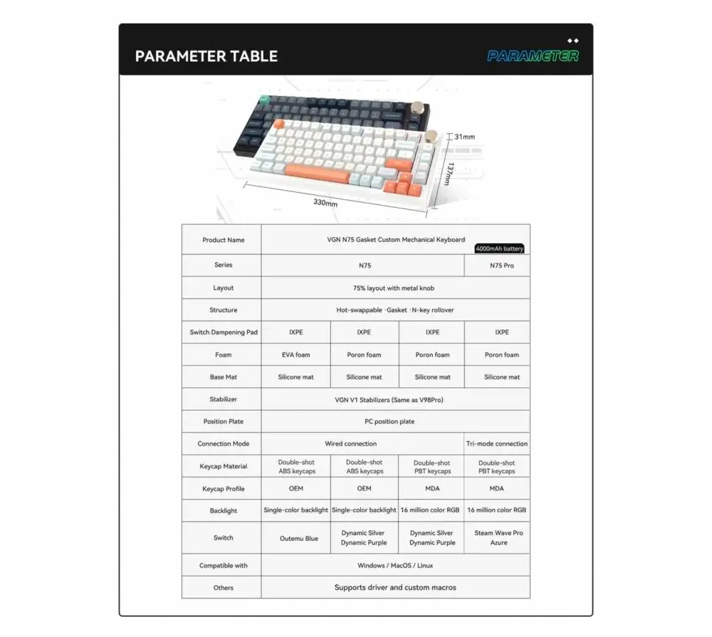 Геймърска механична клавиатура VGN N75 PRO Jelly Orange - Azure Switches, RGB