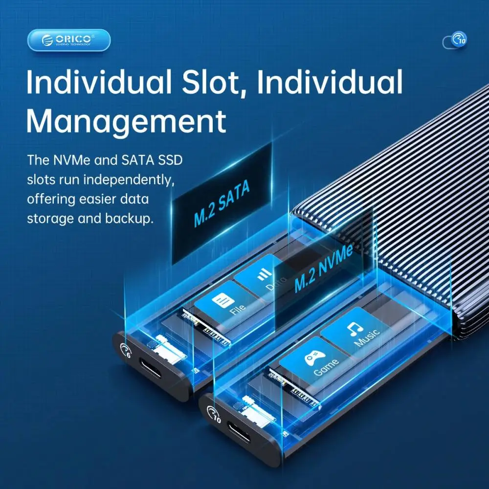Orico външна кутия за диск Storage - Case - M.2 NVMe Dual-Bay - USB-C 10Gbps, Aluminium - AM2C3-2N-GY