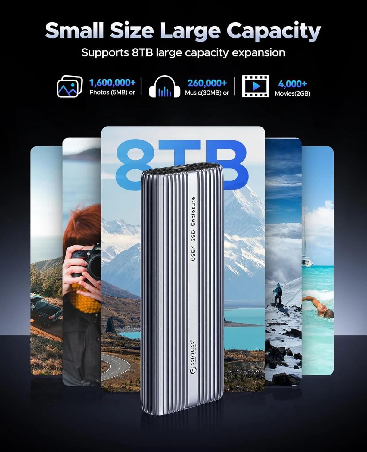 Orico външна кутия за диск Storage - Case - M.2 NVMe M key - USB-C/A, 40Gbps, Built-in Air Cooling, Aluminium - ACOM2-U4-GY