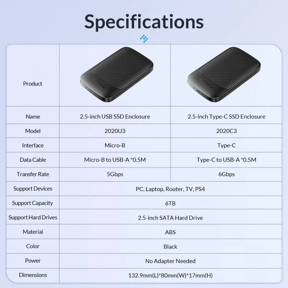 Orico кутия за диск Storage - Case - 2.5 inch USB-C - 2020C3-V1-BK