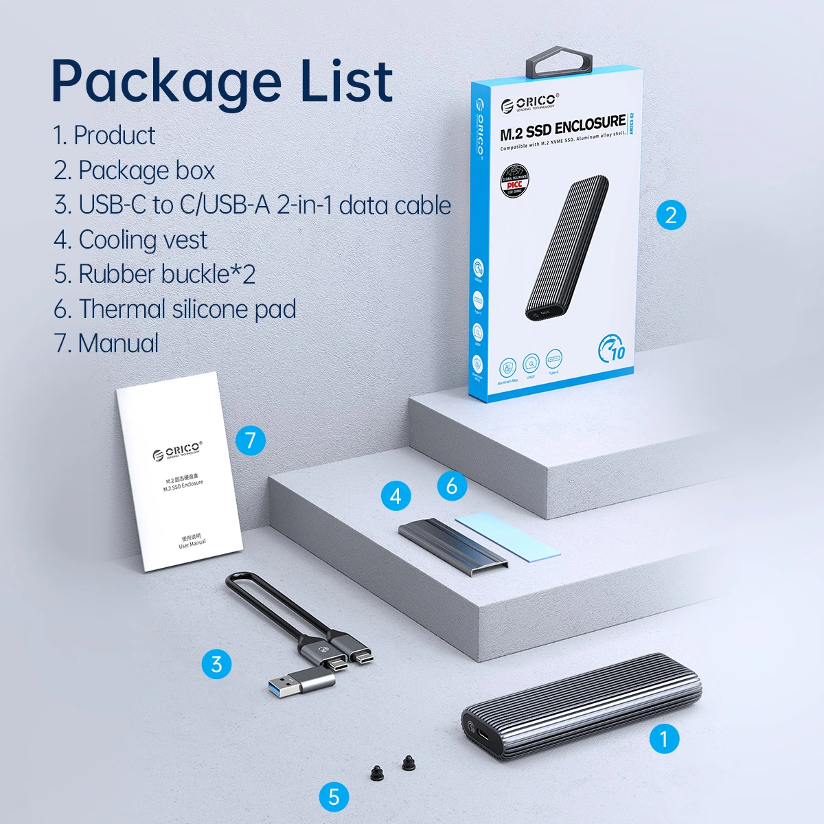 Orico boîtier externe pour disque Storage - Case - M.2 NVMe M-key 10 Gbps, Aluminium - AM2C3-G2-GY