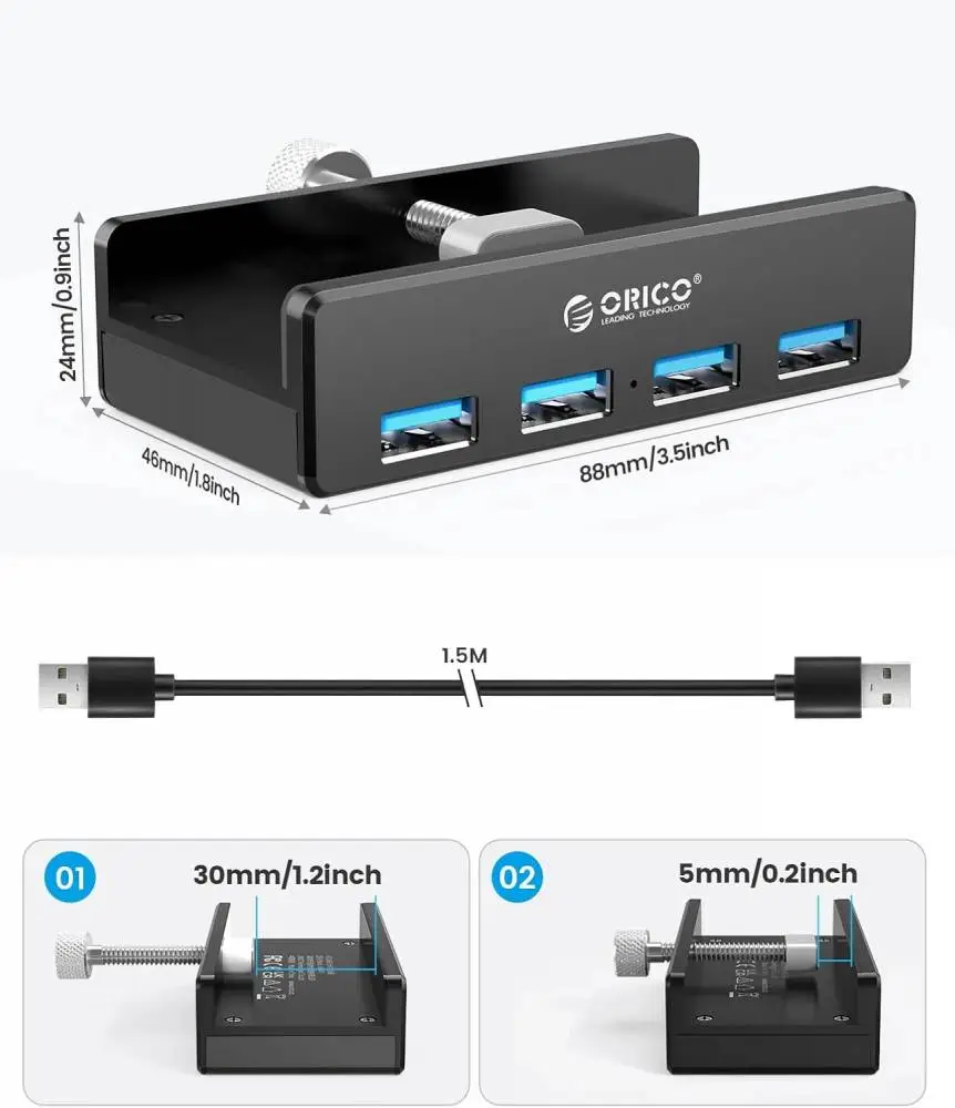 Orico хъб USB 3.0 HUB Clip Type 4 port, Black - MH4PU-BK