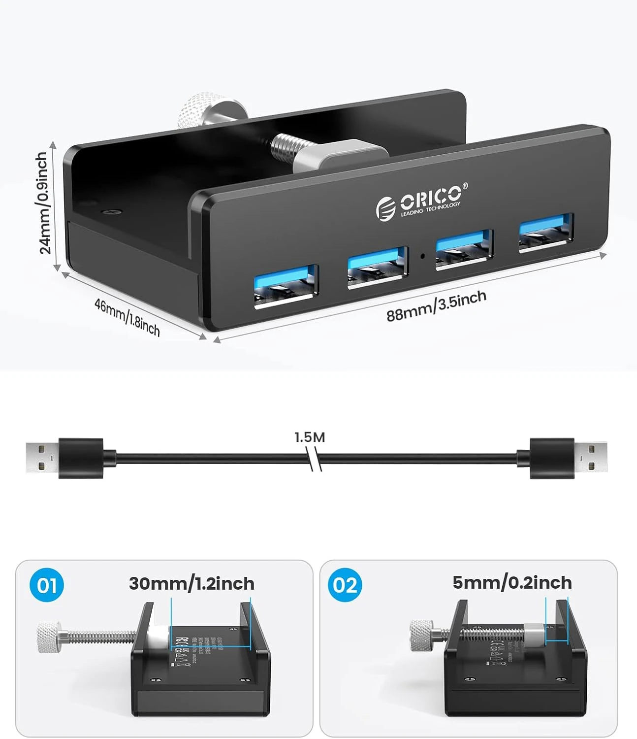 Orico хъб USB 3.0 HUB Clip Type 4 port, Black - MH4PU-BK
