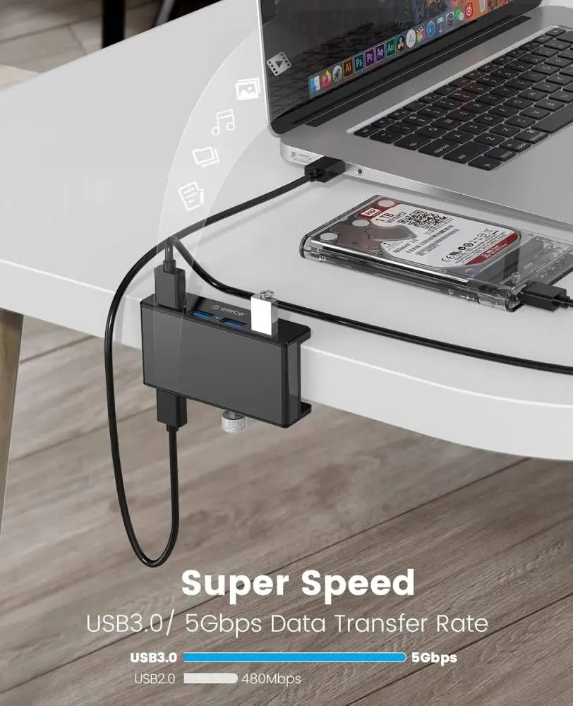 Orico хъб USB 3.0 HUB Clip Type 4 port, Black - MH4PU-BK
