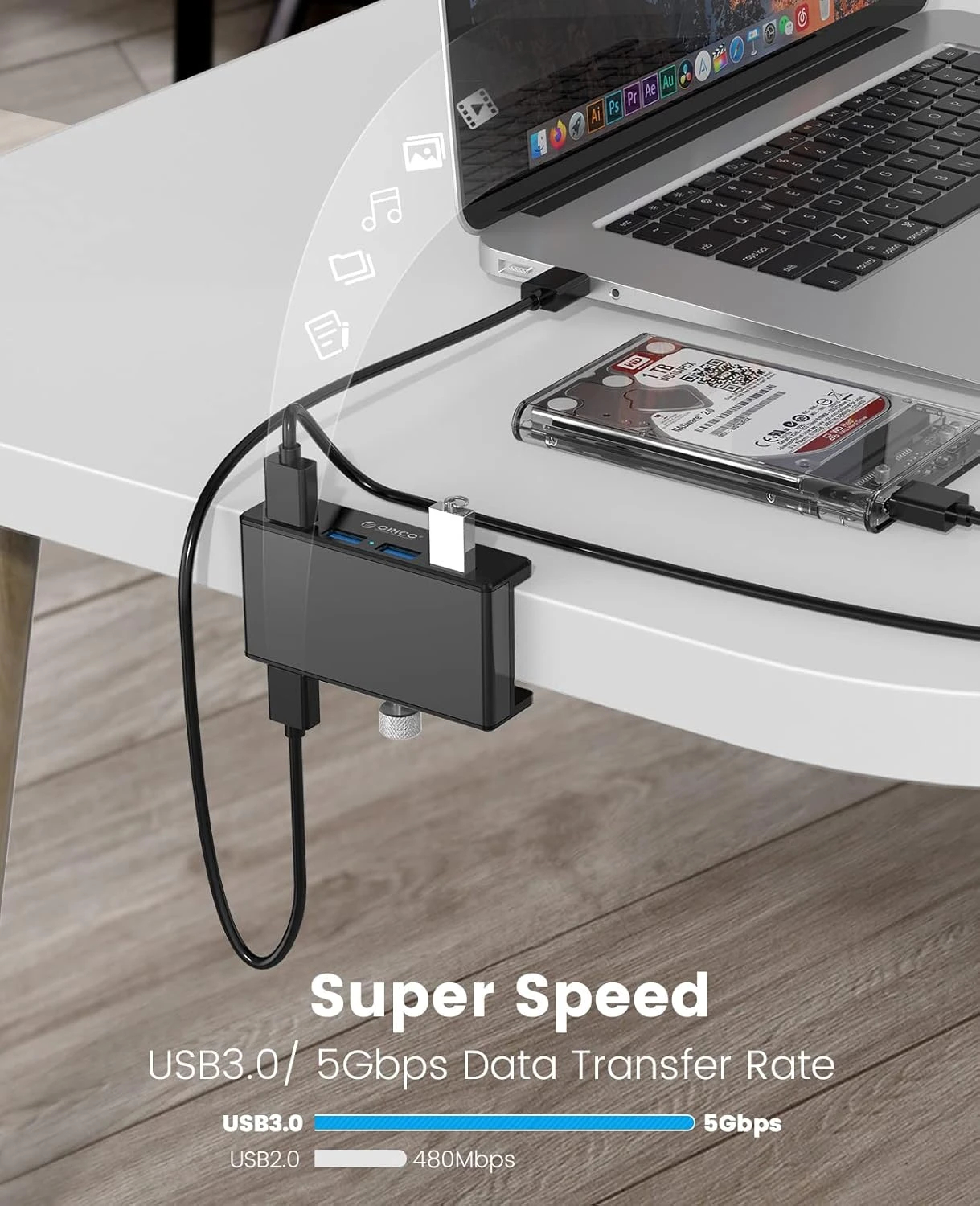 Orico хъб USB 3.0 HUB Clip Type 4 port, Black - MH4PU-BK