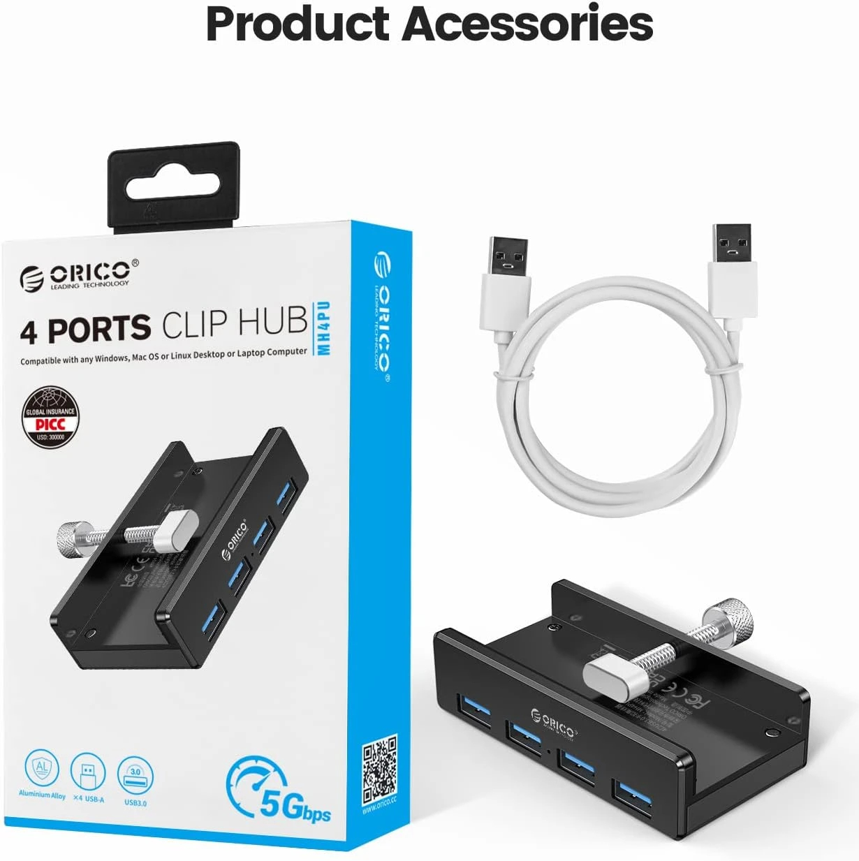 Orico хъб USB 3.0 HUB Clip Type 4 port, Black - MH4PU-BK