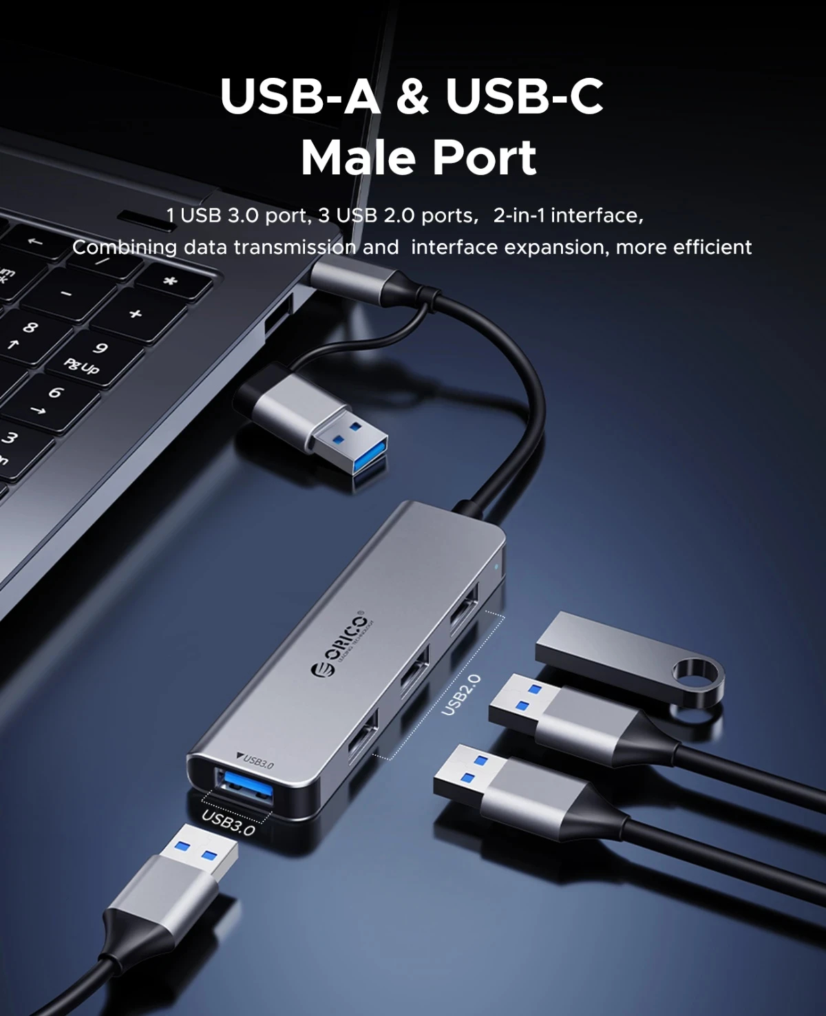 Orico хъб HUB USB-C/A 4 port - USB3.0 x 1, SD/TF x 2, USB2.0 x 2, USB-C x 2, Aluminium - YSA6-U3-GY