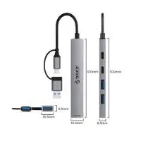 Orico хъб HUB USB-C 5 port - USB3.0 x 1, USB2.0 x 2, USB-C x 2, Aluminium - YSA4-U2-GY