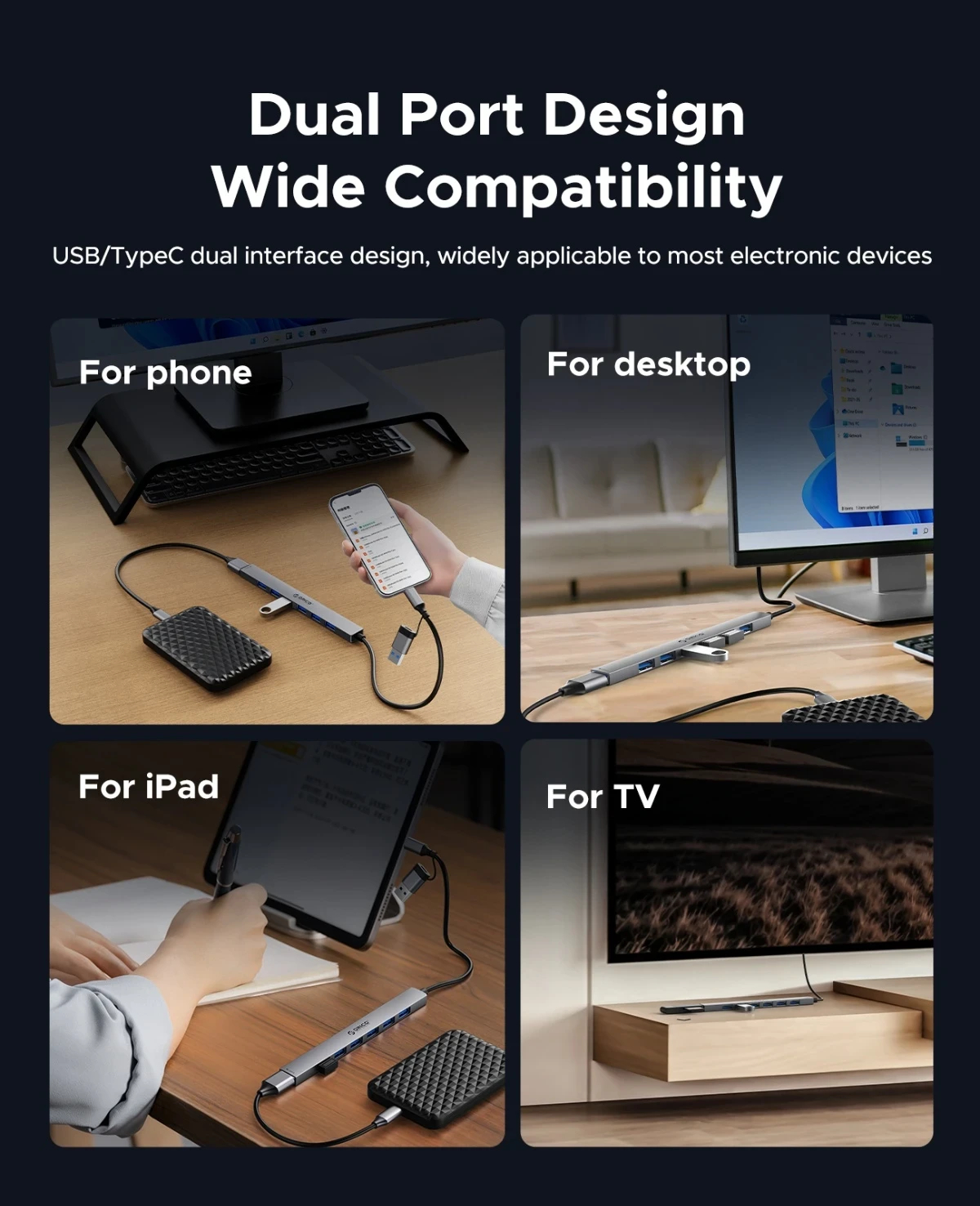Orico хъб HUB USB-C 5 port - USB3.0 x 1, USB2.0 x 2, USB-C x 2, Aluminium - YSA4-U2-GY