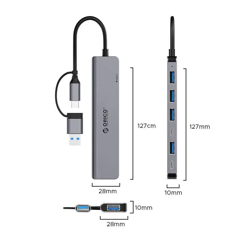 Orico хъб HUB USB-C/USB-A 7 port - USB-C x 2, USB3.0 x 1, USB2.0 x 4, Aluminium - YSA7-U3-GY