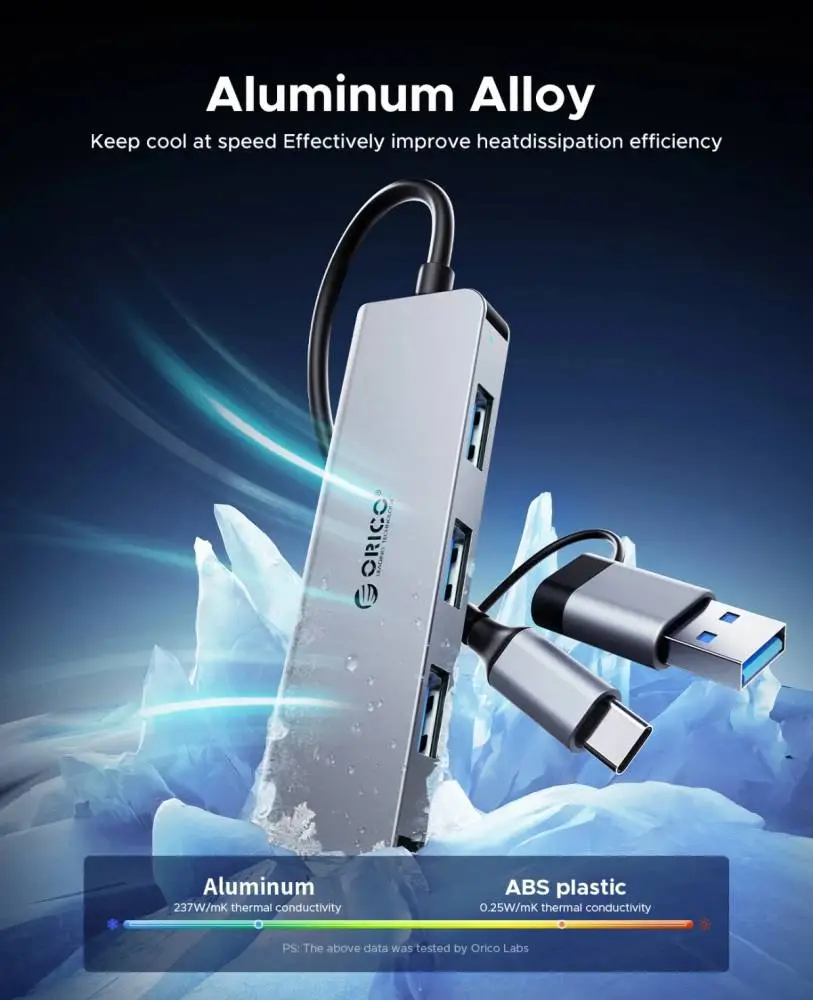Orico хъб HUB USB-C/USB-A 7 port - USB-C x 2, USB3.0 x 1, USB2.0 x 4, Aluminium - YSA7-U3-GY