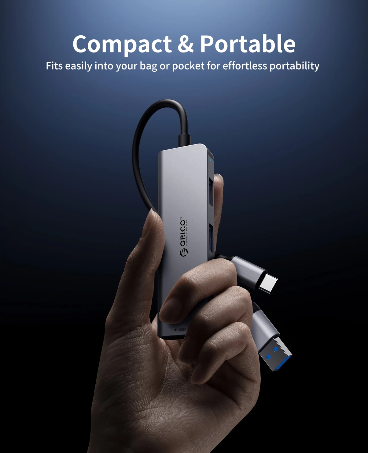 Orico хъб HUB USB-C/USB-A 7 port - USB-C x 2, USB3.0 x 1, USB2.0 x 4, Aluminium - YSA7-U3-GY