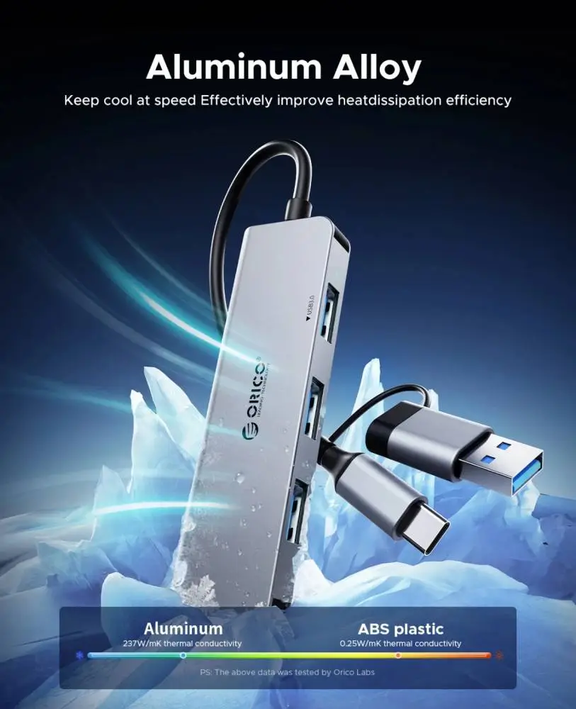 Orico хъб HUB USB-C/USB-A 4 port - USB3.0 x 1, USB2.0 x 3, Aluminium - YSA5-U3-GY