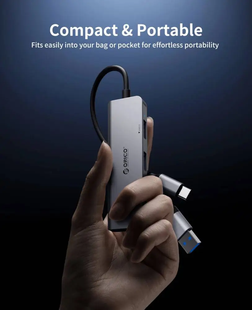 Orico хъб HUB USB-C/USB-A 4 port - USB3.0 x 1, USB2.0 x 3, Aluminium - YSA5-U3-GY